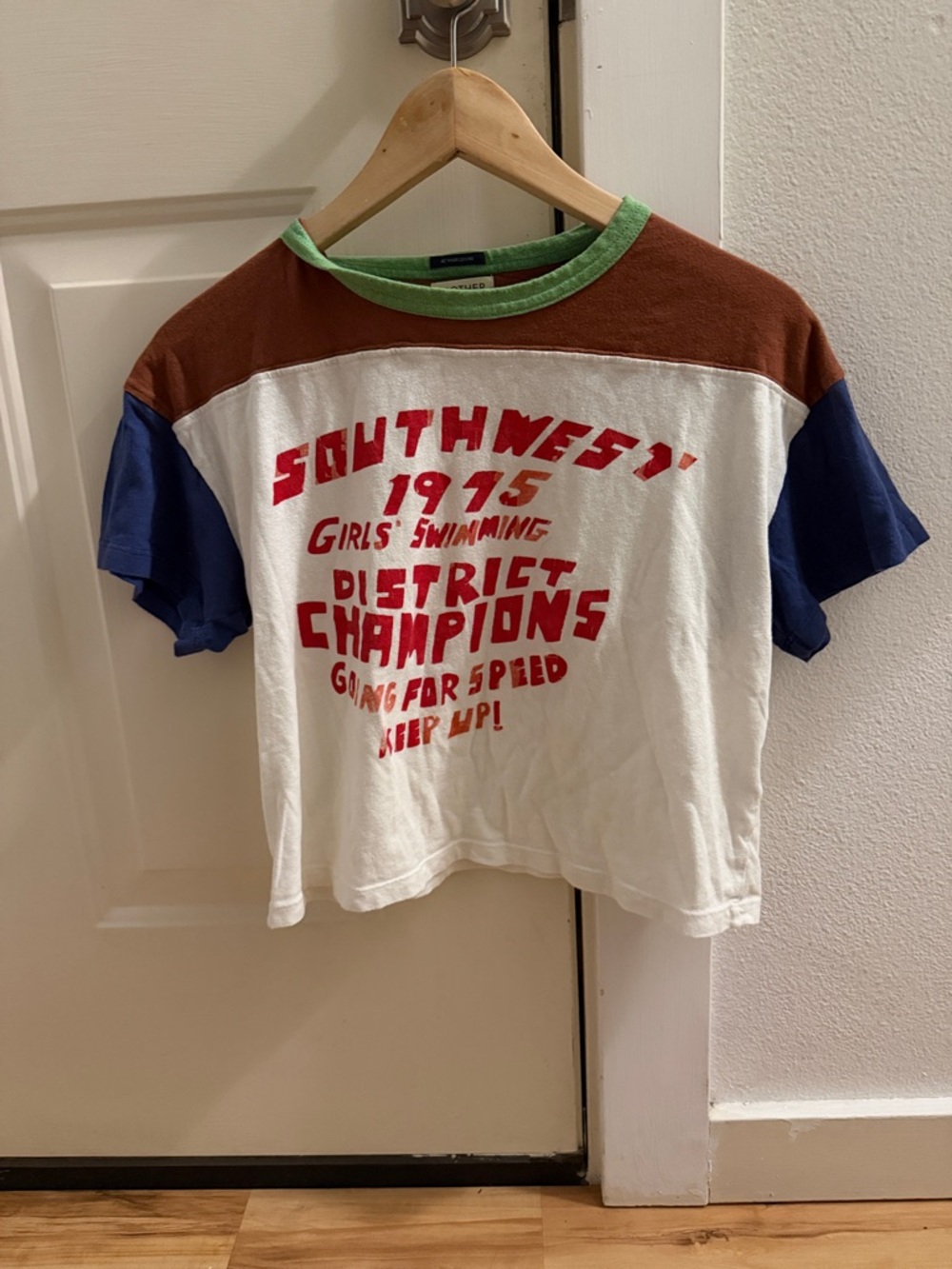 MOTHER White Graphic Colorblock Tee with Brown, Blue & Green Trim, crop Size S